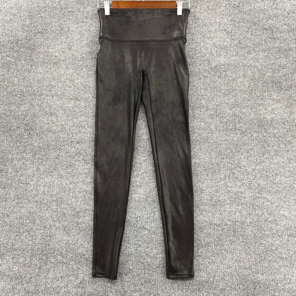 Spanx Faux Leather Leggings Womens M Black High Waisted Metallic Shiny Edgy Cute
